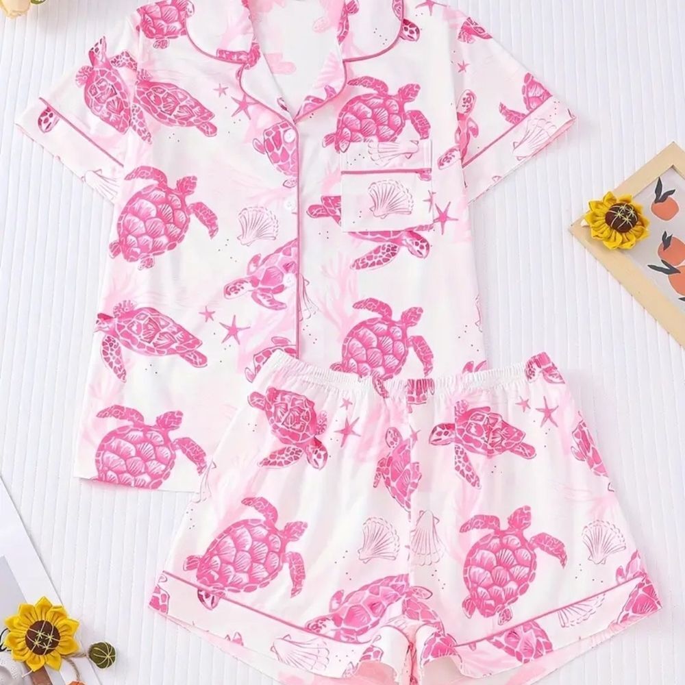 Women's Pink Turtle Print Pajama Set - Picture 6 of 7